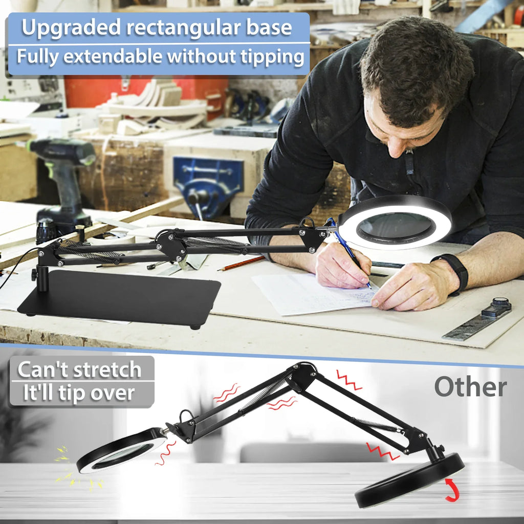 Magnifying Light for Clamp, Lighted Work, Free Desk 2-in-1 Close Lamp Modes Magnifier Dimmable, Sewing Painting, LED with Craft, Hands Magnifying Color 10X with Stepless 5 Glass and Stand,