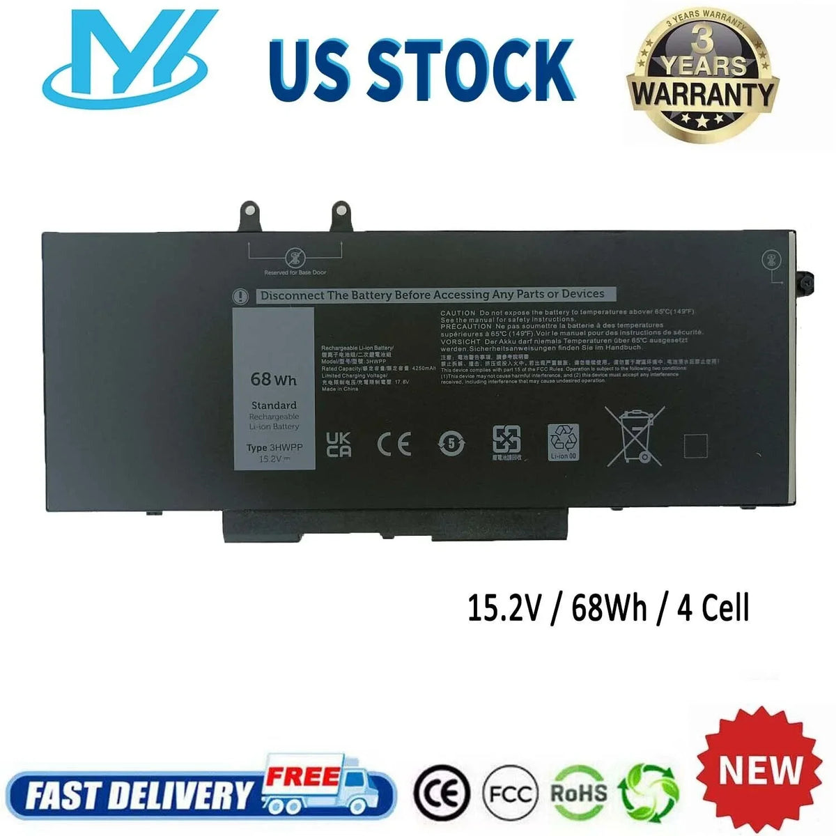 Inspiron 2-in-1 Latitude 3541 1VY7F 2-in-1 03HWPP 5401 Inspiron Battery ✅68Wh 5411 7506 5510 3HWPP Dell 17 for 5511 10X1J 15.2V Black Precision 7706 5410 5501 3551 7500 451-BCMN N2NLL