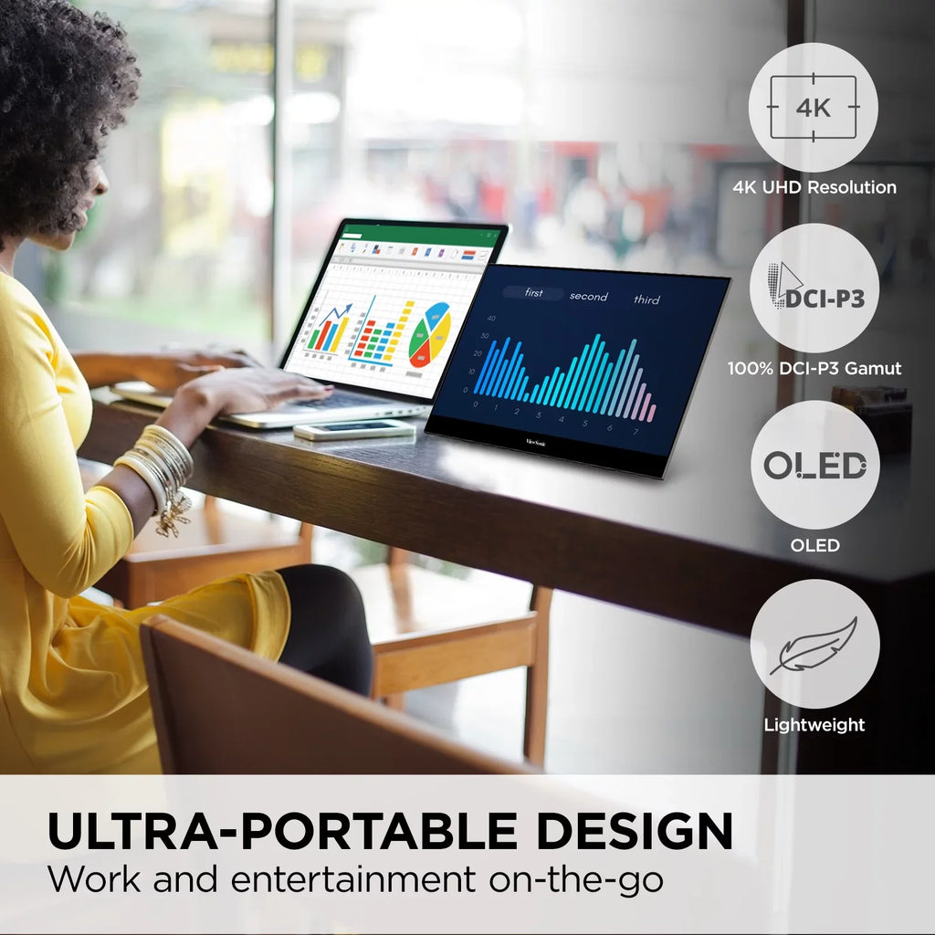 with ViewSonic Inch Built Cover and in Way with 4K 15.6 OLED 60W Powered Portable 2 Speakers, Smart UHD Dual HDMI, Mini VX1655-4K-OLED C, Monitor USB Stand