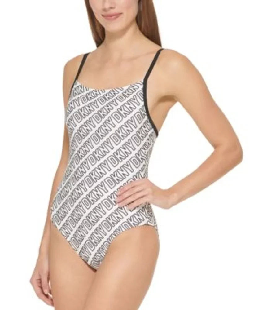 DKNY US Large One-Piece Logo-Print WHITE/BLACK Swimsuit,