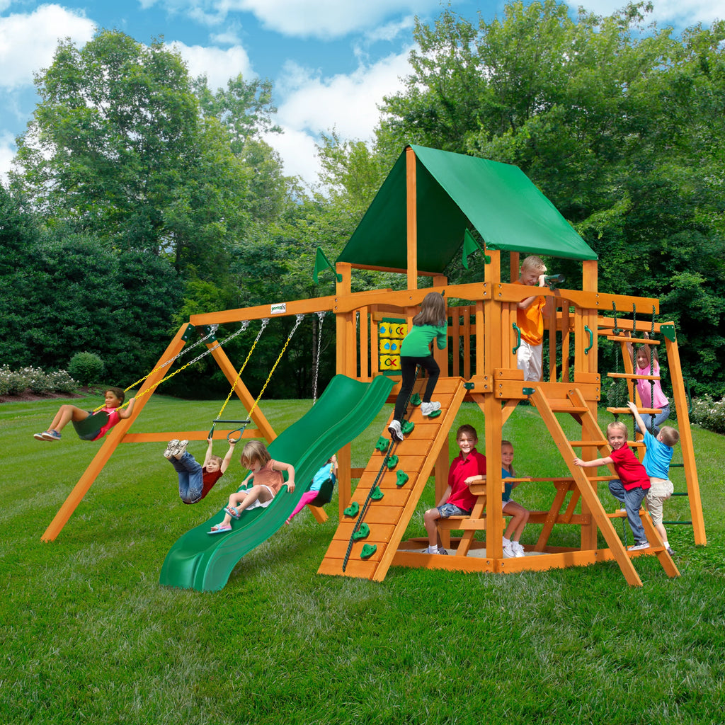 Wooden Bars, Vinyl and Playsets Set Wall Green Navigator Swing Monkey with Rock Climbing Gorilla Canopy,