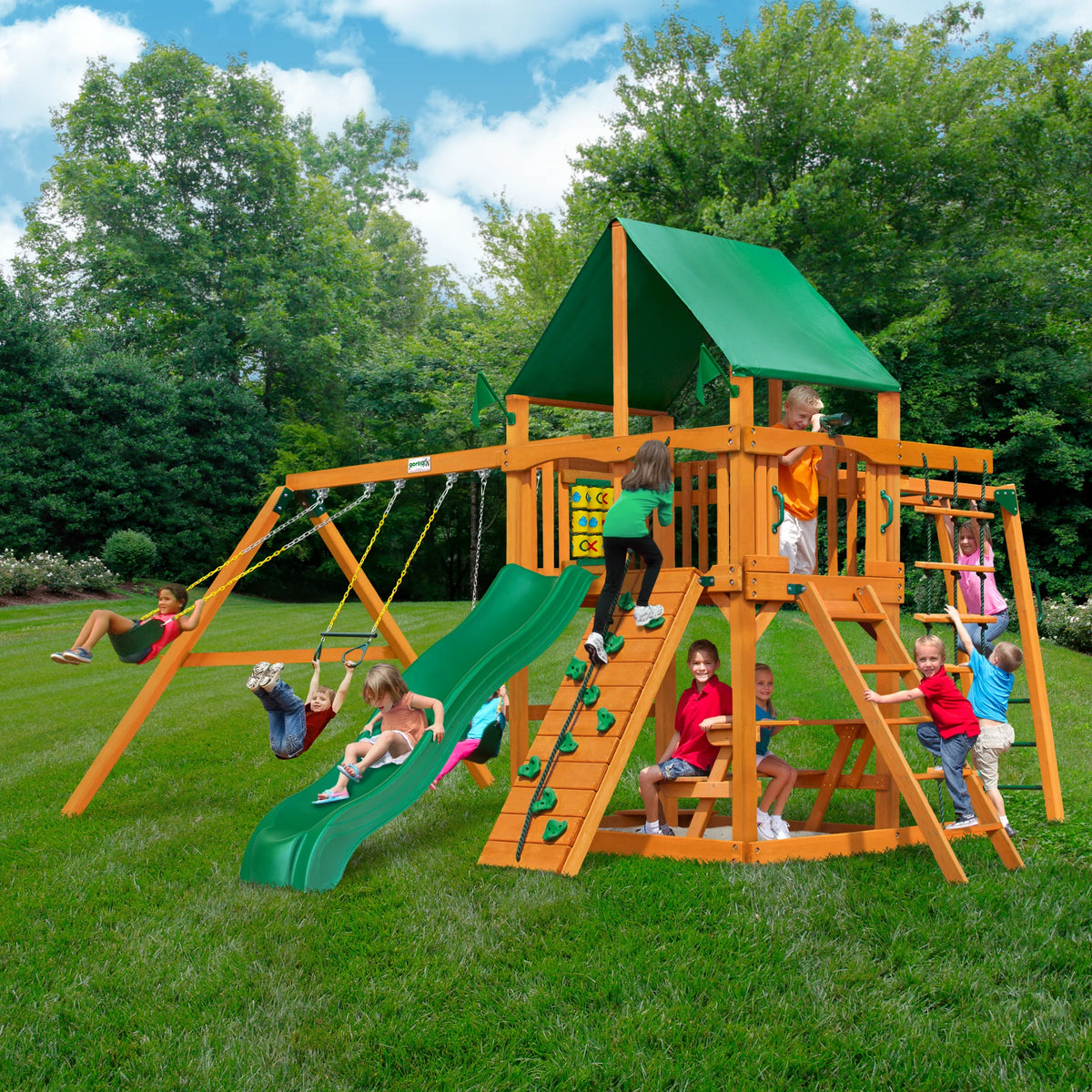Wooden Bars, Vinyl and Playsets Set Wall Green Navigator Swing Monkey with Rock Climbing Gorilla Canopy,