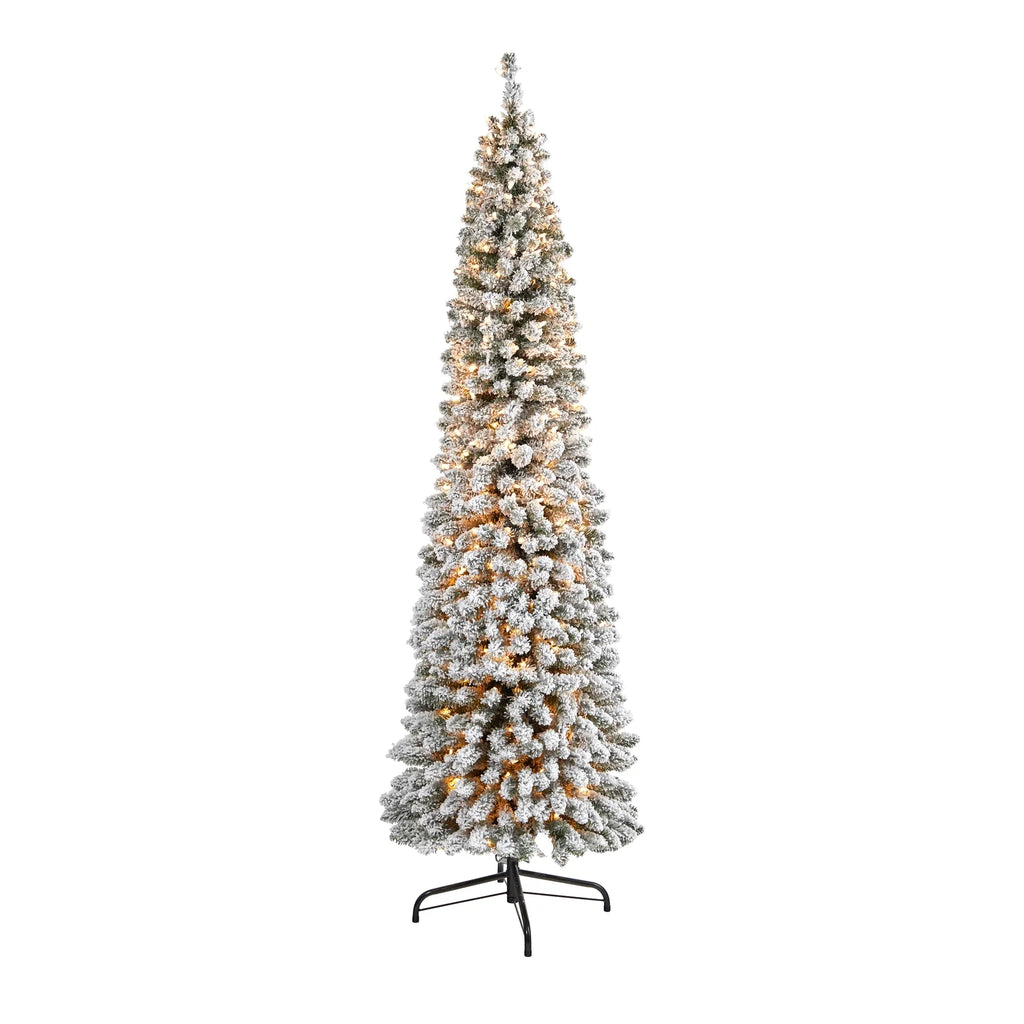 Artificial Pencil White Nearly Clear Lights Natural Prelit Christmas Flocked 7' 400 Tree