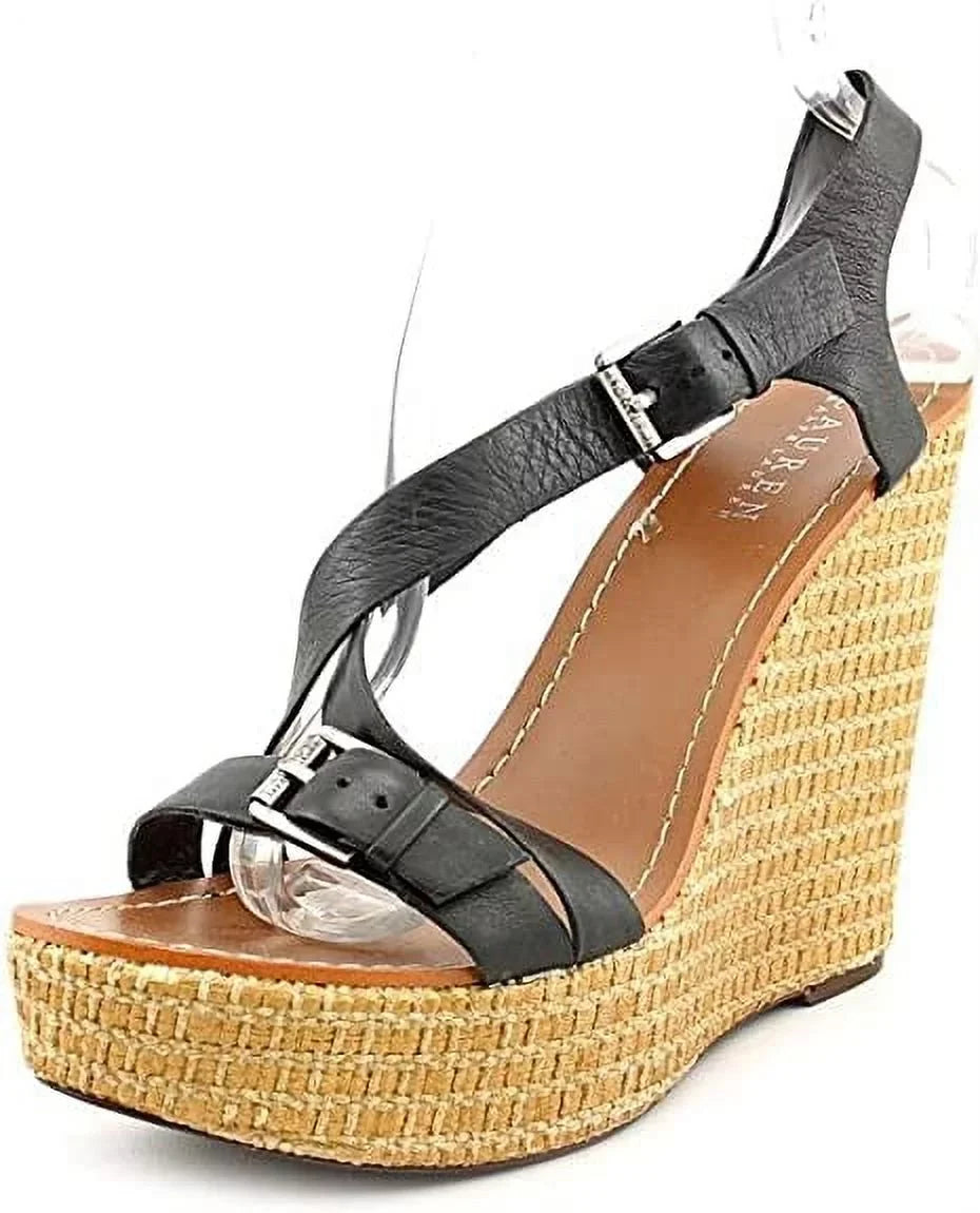 Lauren Wedge Lauren 9 Size Sandals Black Shoes New Dover Ralph Leather Womens