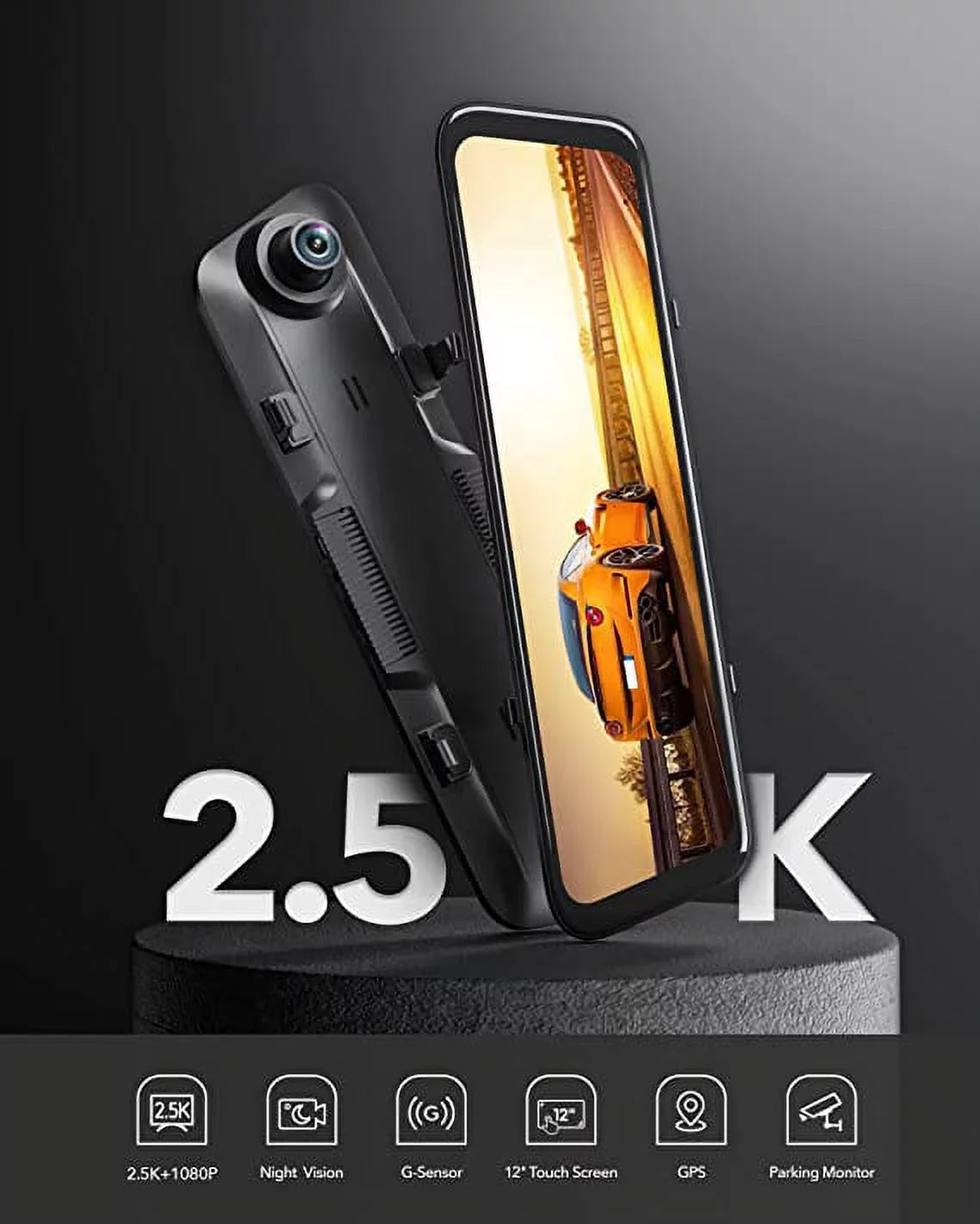 Monitor, Mirror Cam Vision, Rear Camera, Parking 2.5K Free WOLFBOX 32GB with Camera, Dash View GPS, Wi-Fi Built-in Card and Front Night 1080P 12'' Rear Mirror