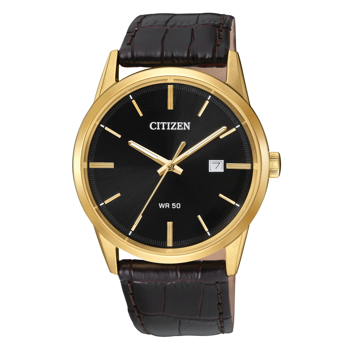 Leather BI5002-06E Gold Black Citizen Tone Band Date Quartz Men's Watch Dial