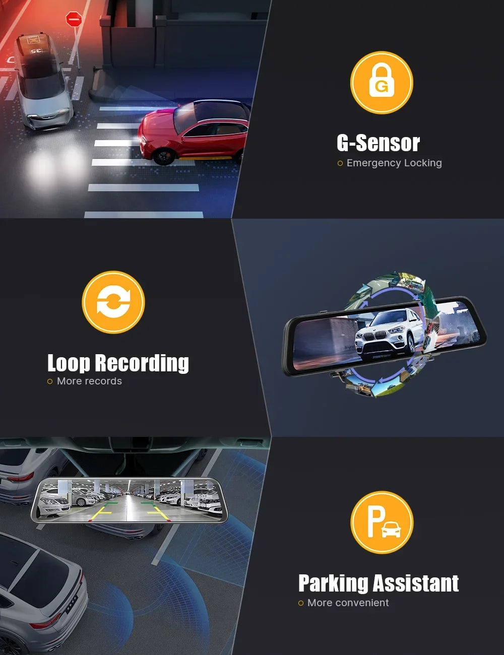 Emergency w/Anti-Glare, Waterproof TOGUARD 12" Mirror Dash Rear Voice with 2.5K Camera, Cam Control Front and Lock, Parki Vision Cam Rear Dash with View Wireless Backup Night GPS, Screen, Touch Mirror