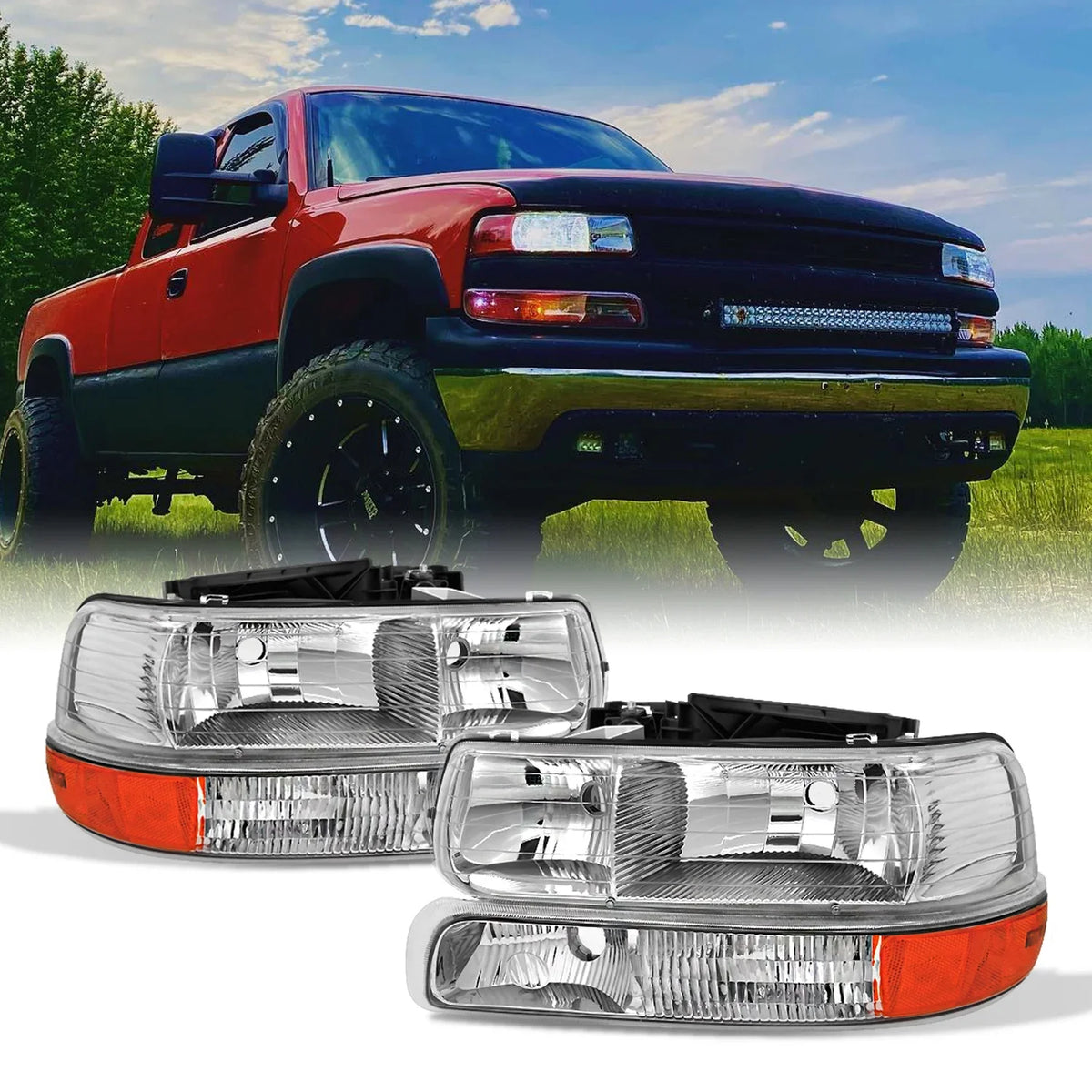 '- Set Headlights With For Chevy Corner Pair Lights Silverado Suburban Clear | AKKON Bumper | Replacement Tahoe 00-06 99-02