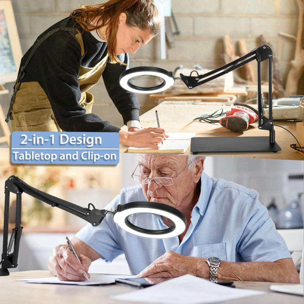 Magnifying Light for Clamp, Lighted Work, Free Desk 2-in-1 Close Lamp Modes Magnifier Dimmable, Sewing Painting, LED with Craft, Hands Magnifying Color 10X with Stepless 5 Glass and Stand,