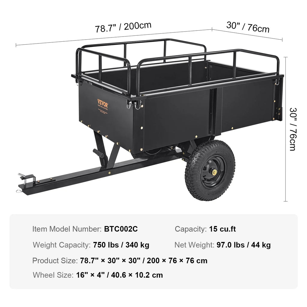 Dump VEVOR Utility 15 Garden Steel for Cubic Cart ATV Feet Mower Heavy Lawn with 750lb Capacity, Riding Trailer, Duty Trailer Tractor