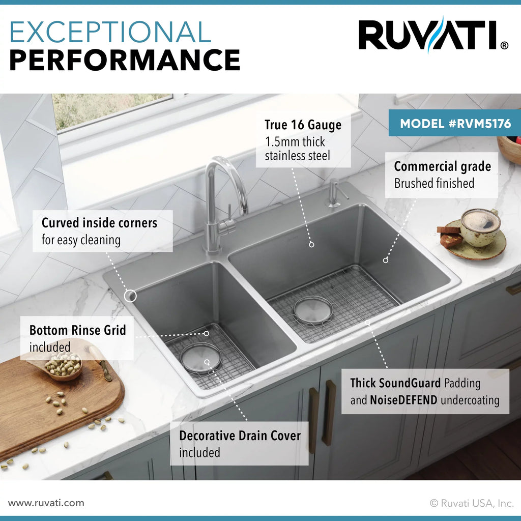 Drop-in Gauge Ruvati 16 Kitchen inch 22 Sink 33 x Topmount RVM5176
