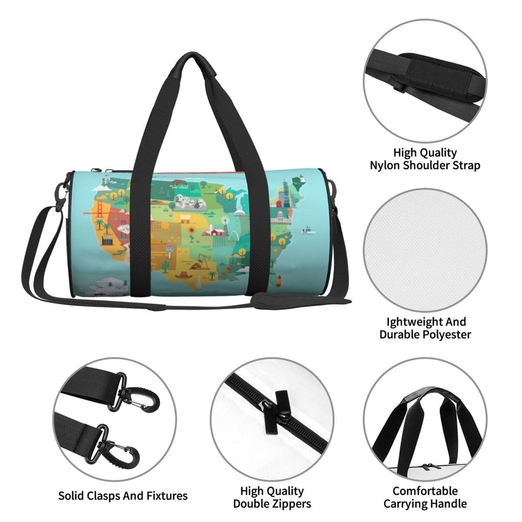 USA Travel Bag Bag Luggage Coaee with Tourist Map Cylinder and Gym Pocket Large Capacity Sports Bag Compartment Waterproof