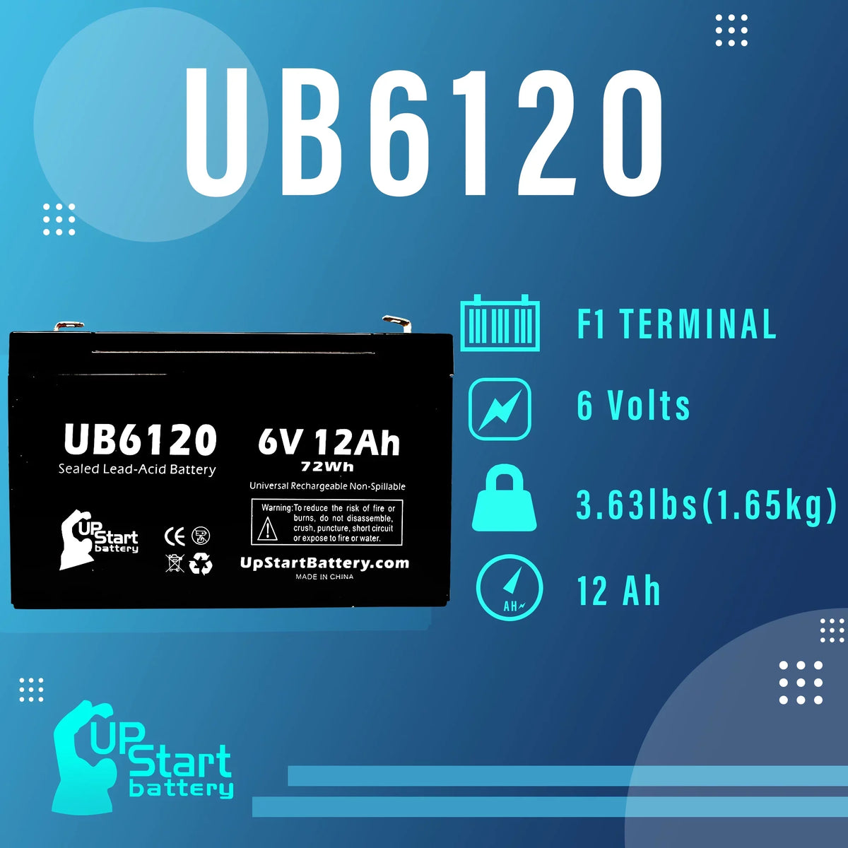 '- to (6V, - Replacement Battery 6 Includes Pack 12Ah, 850 - Compatible Battery Acid Tripp-Lite Lead Universal Terminal, F2 Adapters Sealed Terminal AGM, F1 3x SLA) 12000mAh, F1 UB6120