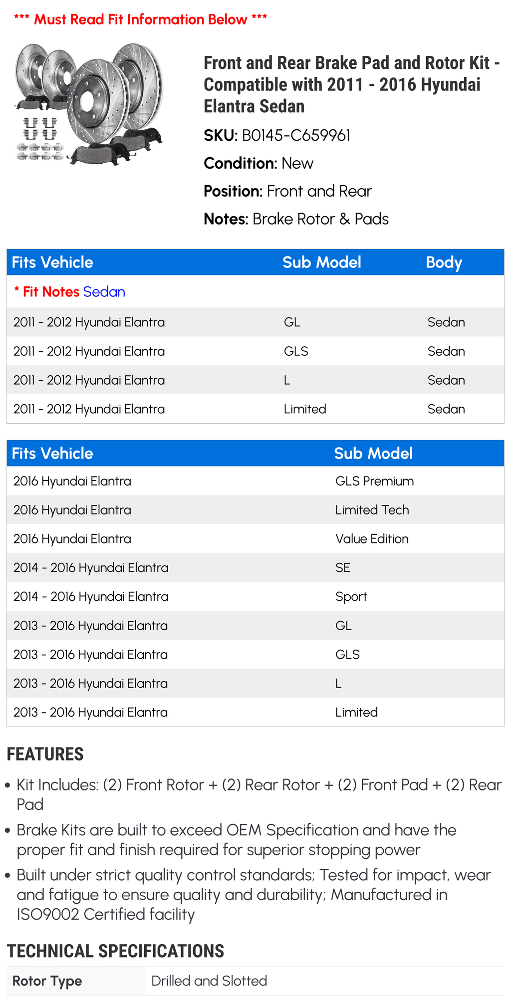 and 2015 Compatible 2011 Front 2012 2016 Kit Sedan with Pad Hyundai - - and 2014 Elantra Brake Rotor 2013 Rear