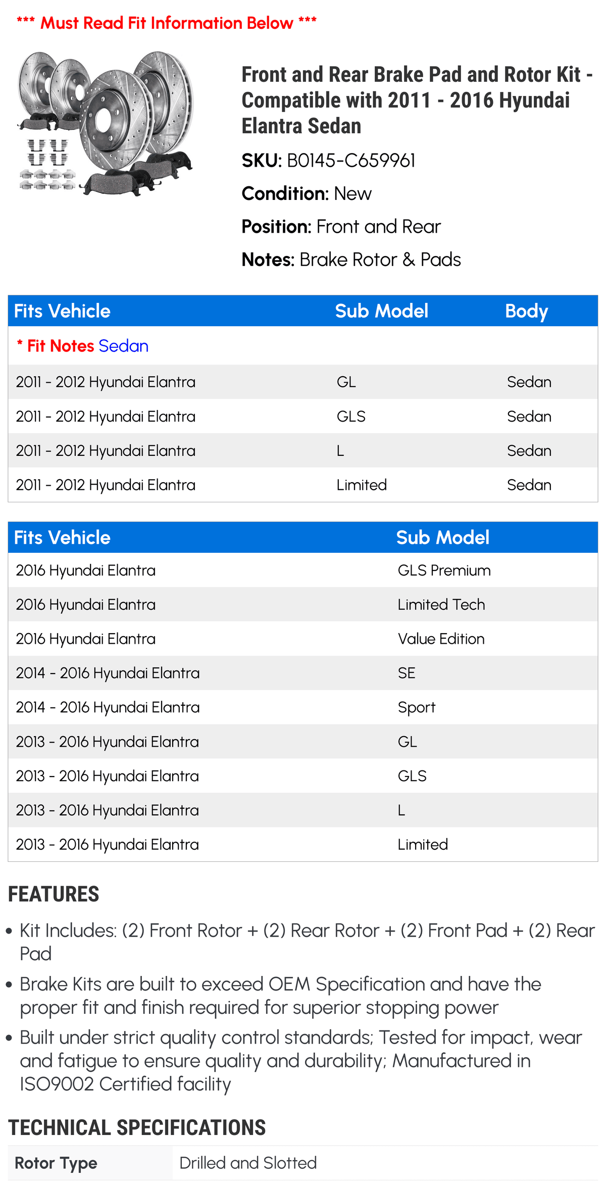 and 2015 Compatible 2011 Front 2012 2016 Kit Sedan with Pad Hyundai - - and 2014 Elantra Brake Rotor 2013 Rear