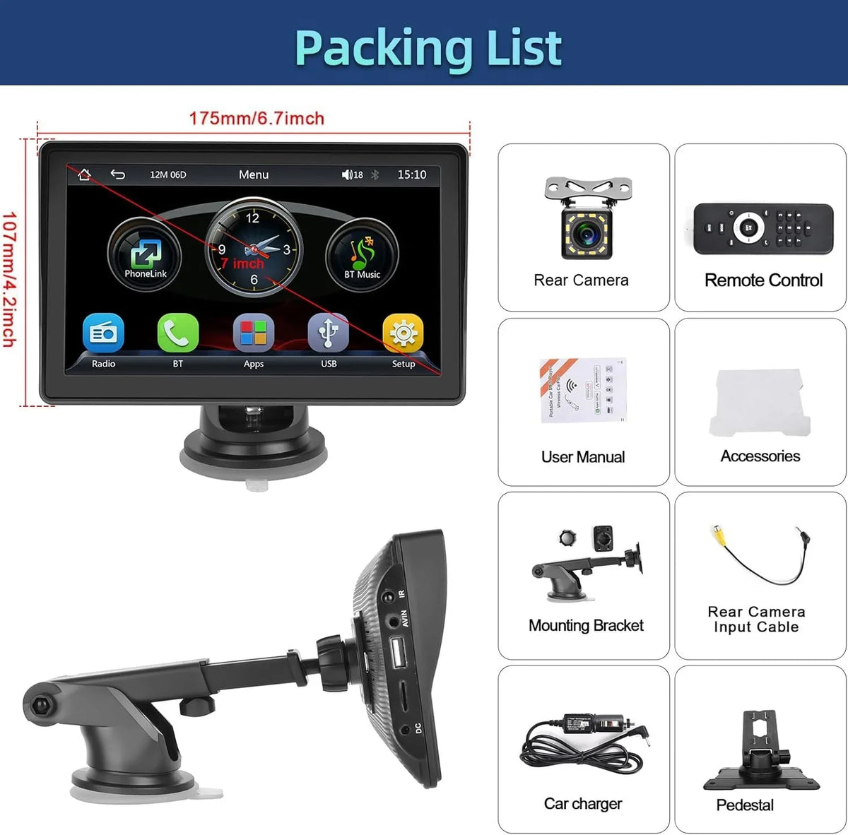 Link TF/USB Car Touch Van 12-30V Stereo Suv with Camera Radio Pickup, Android FM Screen Wireless Carplay Auto Portable Mirror Backup Car Bluetooth 7" Podofo for