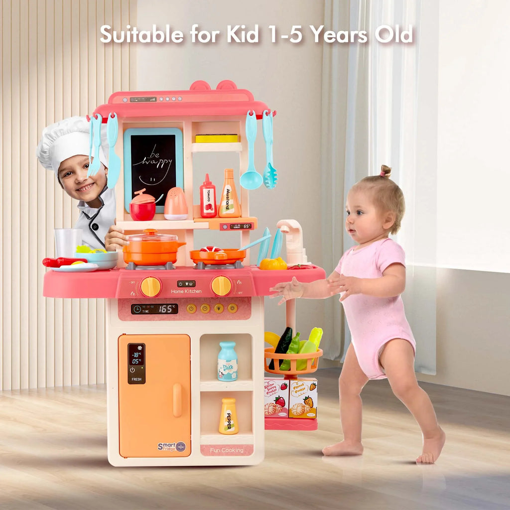 42-Pack Lights, Set Girls Play Educational Food, Real Toys Kitchen Set Toy and for Pretend Accessories Toys Toddler Preschool Pink Kitchen Kids Toddlers, with for Boys, for Sounds
