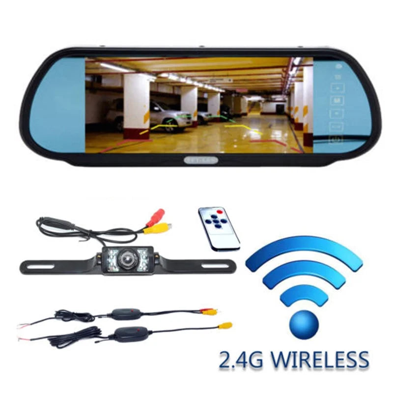 Receiver Reverse +Night LCD Vision 7inch IR View Backup Monitor Camera+Wireless Rear Kit Transmitter Car Mirror