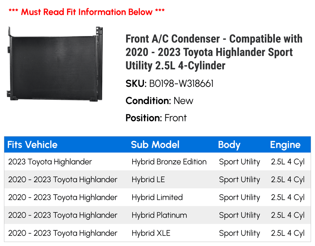 Compatible 2023 2020 A/C - Front Toyota - 2022 Highlander with Utility 2021 4-Cylinder Condenser Sport 2.5L