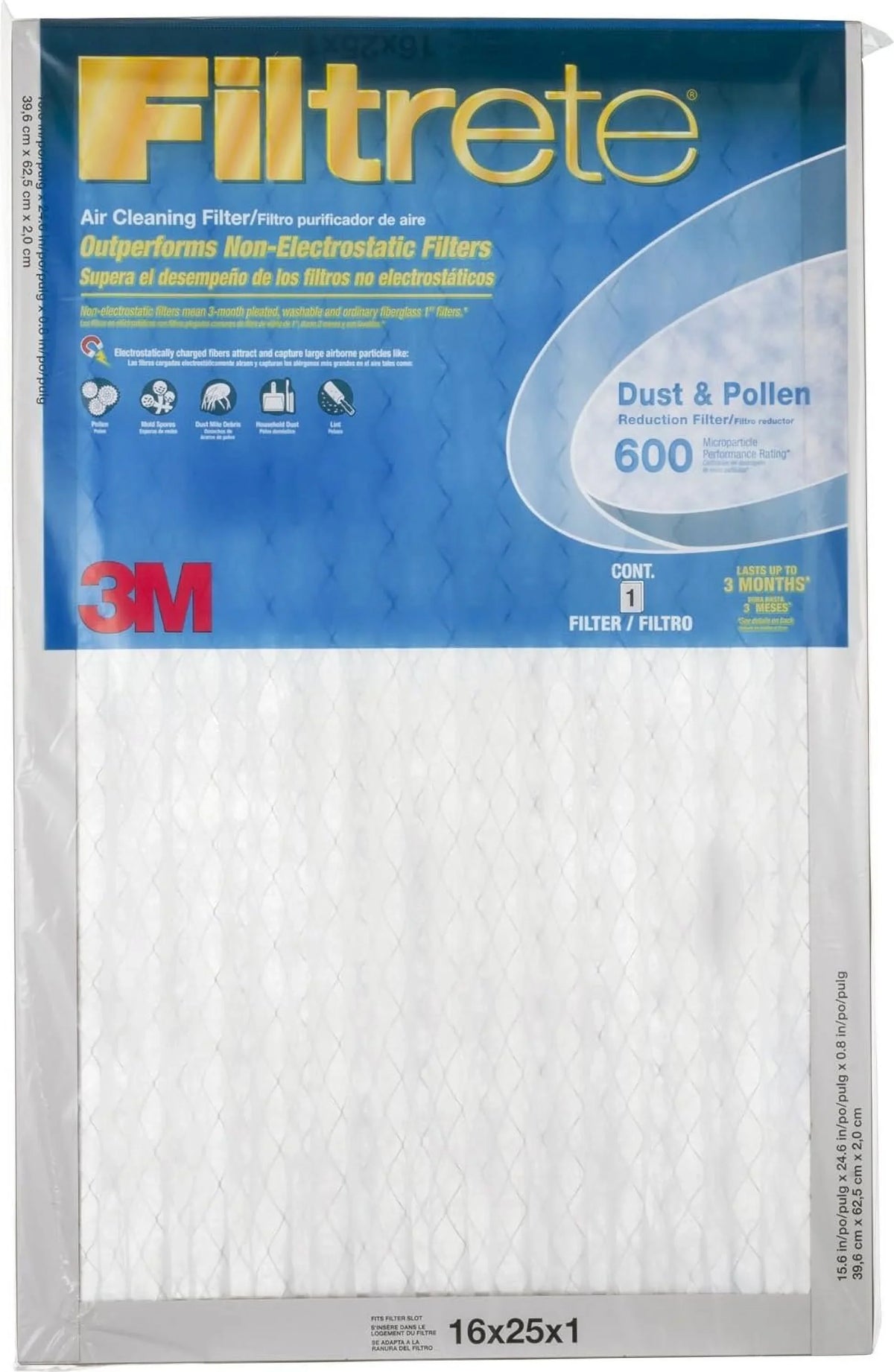 Quantity Air 16x25 Green 9831-4 Months, - 1 4 Dust Reduction 3 Filter, 600, Filtrete Pleated Furnace In. x MPR