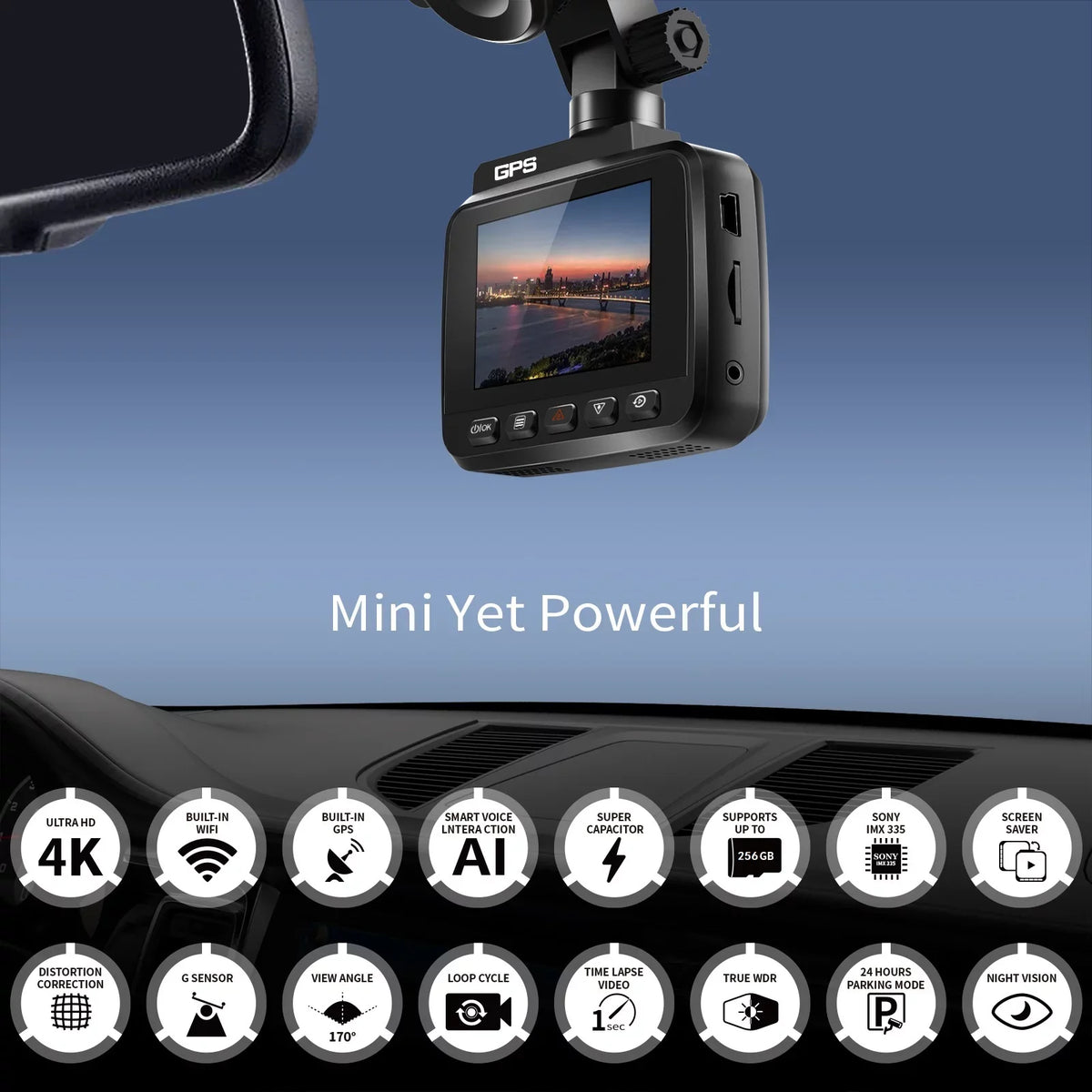 Cam Recording, Dash Wide Car Rear with WDR, Front Cam Loop Night Dash Camera, 4K Monitor, Angle Built-in GPS 2160P G-Sensor, Vision, Recorder Cars, WiFi & with 170° Parking FHD and Driving for