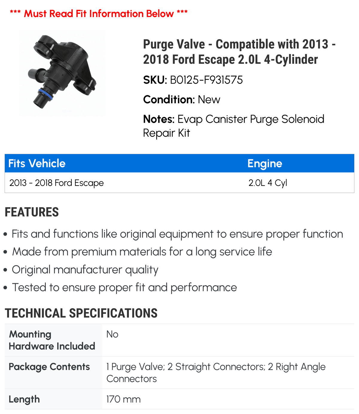 Valve 2016 2018 2013 2015 with 2.0L 2017 Ford 2014 - - Escape Compatible 4-Cylinder Purge