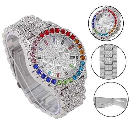 Set. Mens Out or Colourful Color Sets Iced Out Collection Watch Flame Blinged Iced Out Combo Rainbow (ST10327CO-ZZ Charles Single on Raymond with Bracelets SLV) Blast