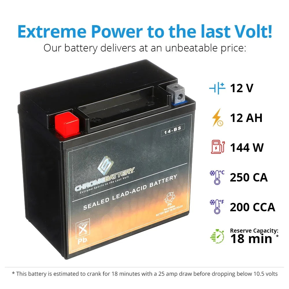 (spirit, Aero, Chrome YTX14-BS A. CCA) 12 C. E. Ah, 1100cc Motorcycle Battery 2003 C3, T (14-BS Vt1100c, 200 Battery Volt,12 for Tourer) Shadow Honda