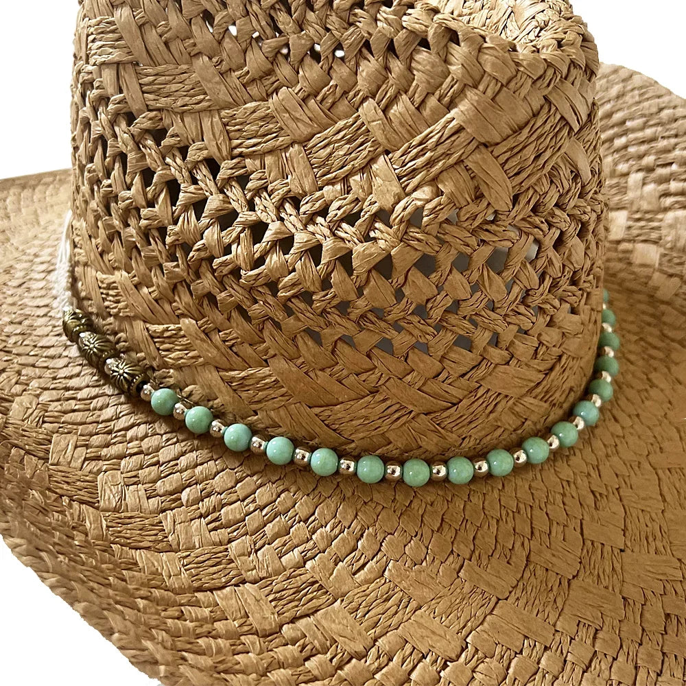 Hat Hats Keevoom Cowboy Women Straw Sunshade Belt Bead Vintage for Beach Men With