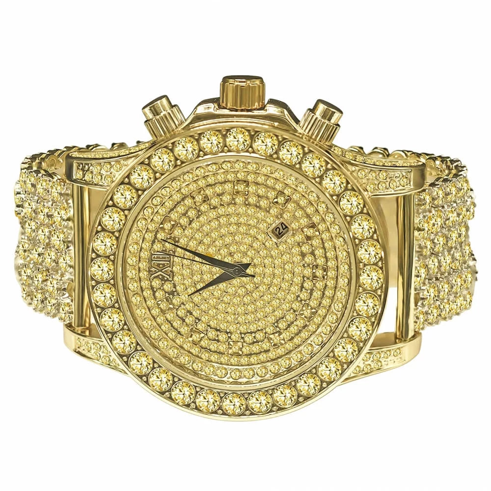 Mens Custom Band Iced Gold Tone Yellow Diamonds Simulated Solitaire Watch Canary Bling Master Out