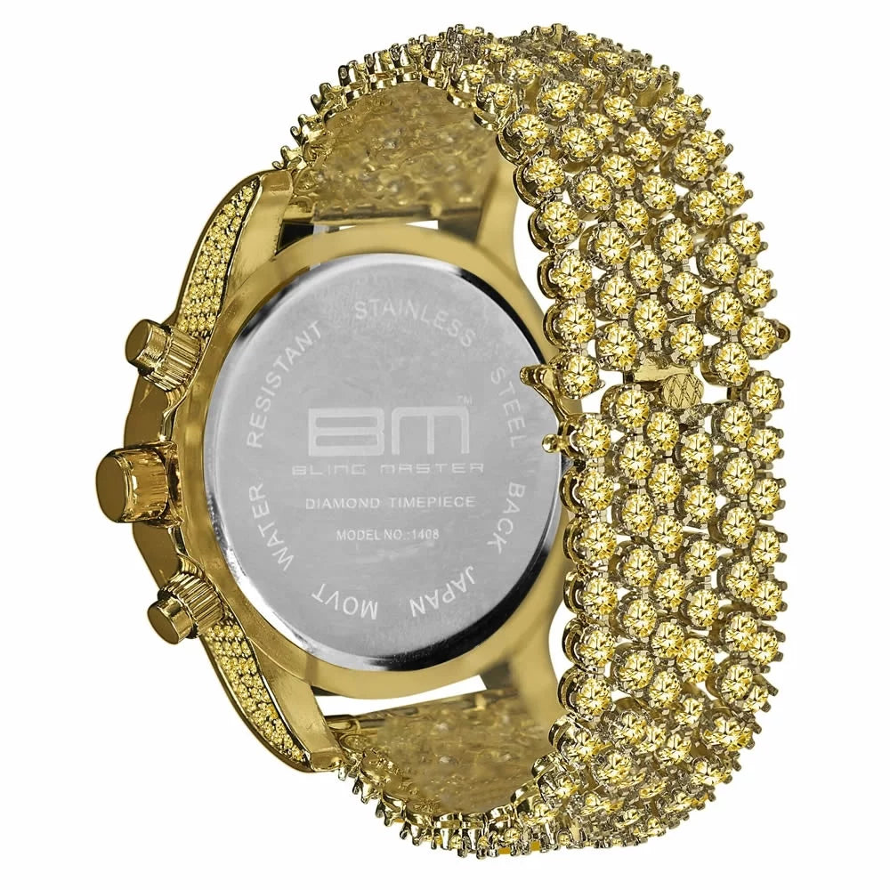 Mens Custom Band Iced Gold Tone Yellow Diamonds Simulated Solitaire Watch Canary Bling Master Out