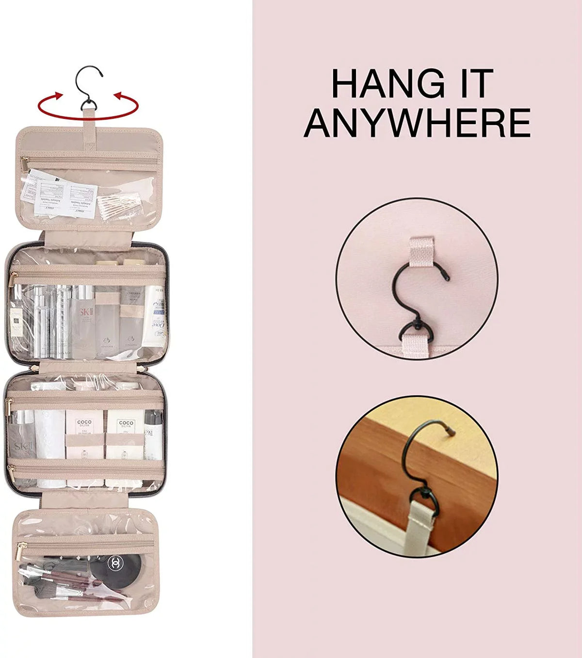 Sized Cosmetic for Makeup Toiletry with Container, Hanging Water-resistant Shampoo, Accessories, Full Travel Toiletries Bag Bag Organizer Travel Bag Hook,