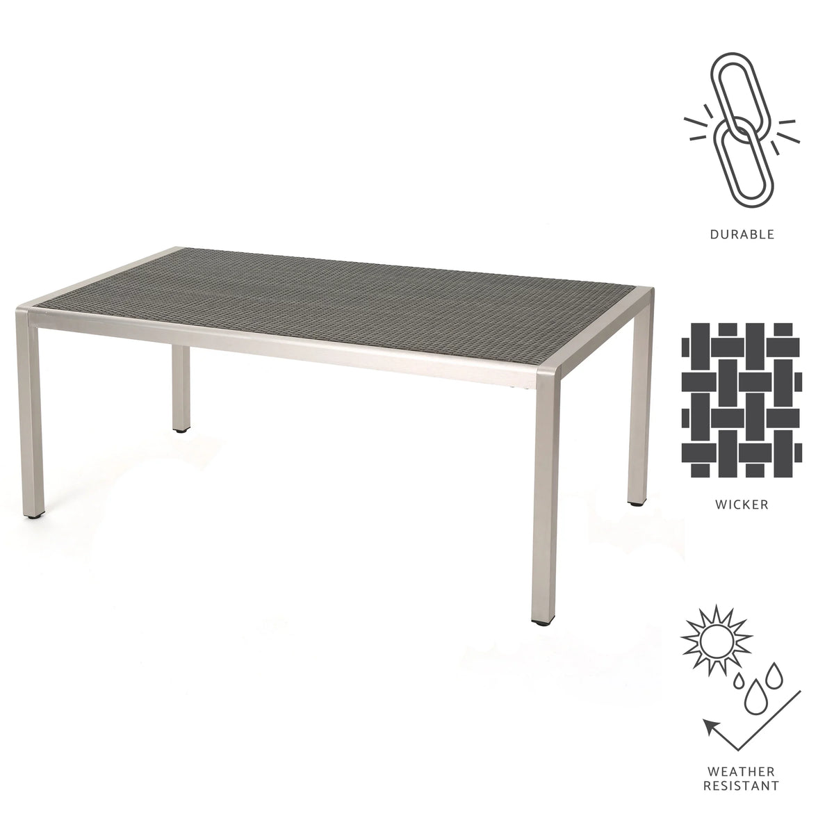 Aluminum Coral Top, Grey Outdoor Table with Dining Bay Wicker