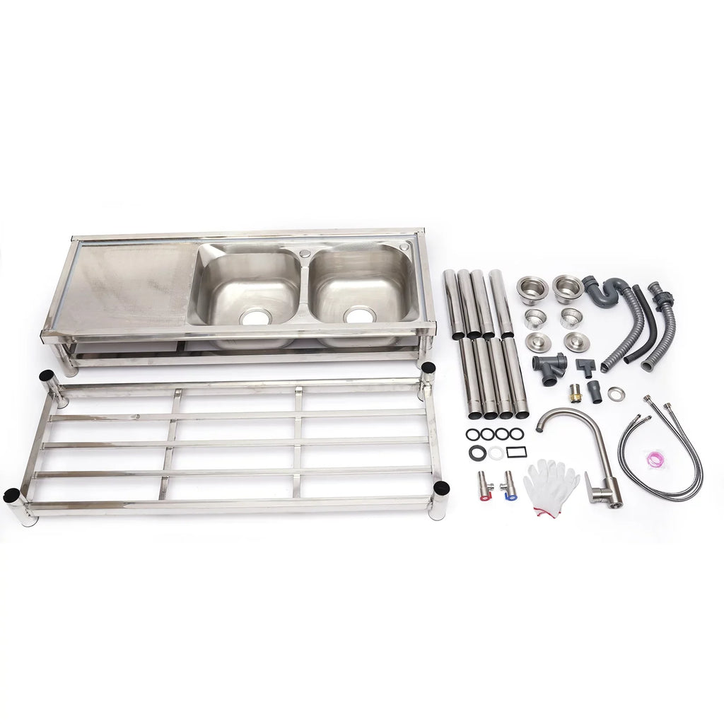 Steel Catering Utility Sink Table+360° Basin Sink 2 Drainboard Kitchen Loyalheartdy Stainless Commercial Compartment Prep Faucet+2