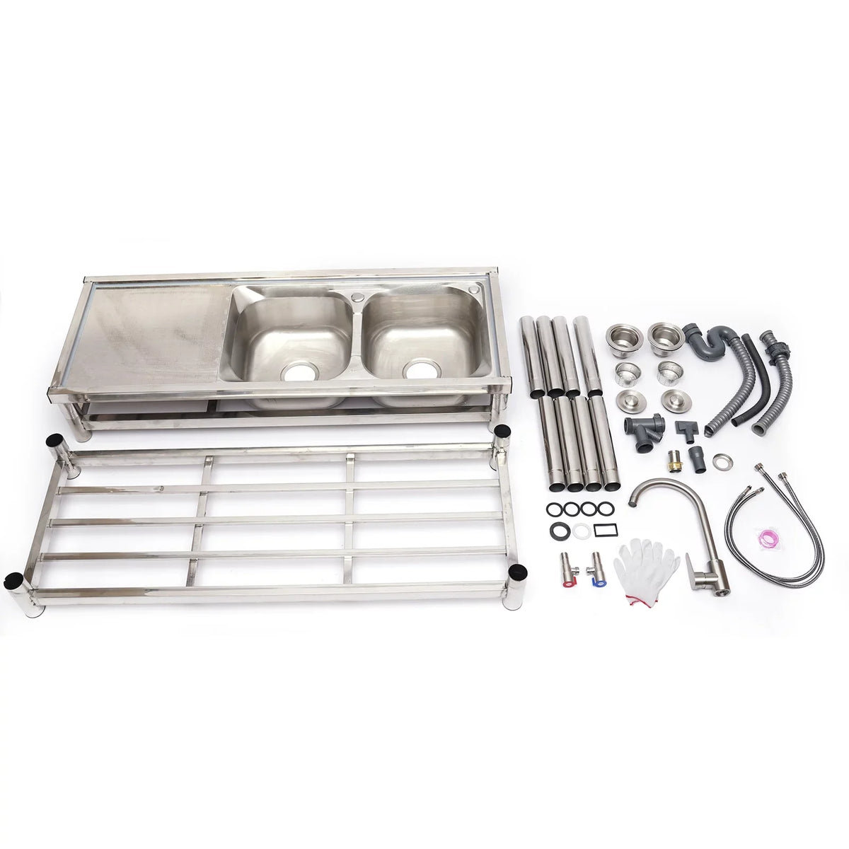 Steel Catering Utility Sink Table+360° Basin Sink 2 Drainboard Kitchen Loyalheartdy Stainless Commercial Compartment Prep Faucet+2
