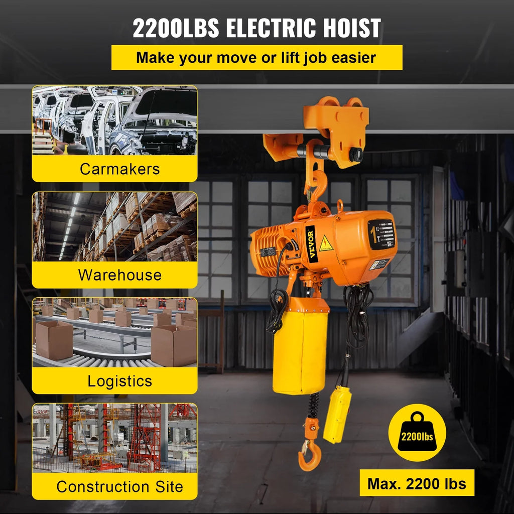 2200LBS/10FT Ton for Phase 1 Pendant Hook, with Chain Hoist Electric Double Height Agriculture Lift Chain Mount Factories VEVOR with G80, Chain Logistics, 110V Single Electrical and Control Hoist,
