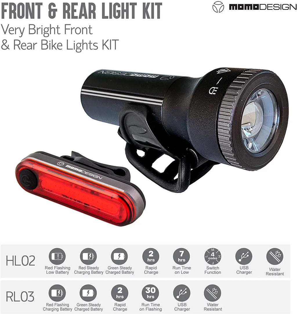 Light Light Rechargeable, COMMUTERS Weather USB Designed & Visibility, Headlight MOMODESIGN Resistant, Bike for Rear 300 Night KIT for
