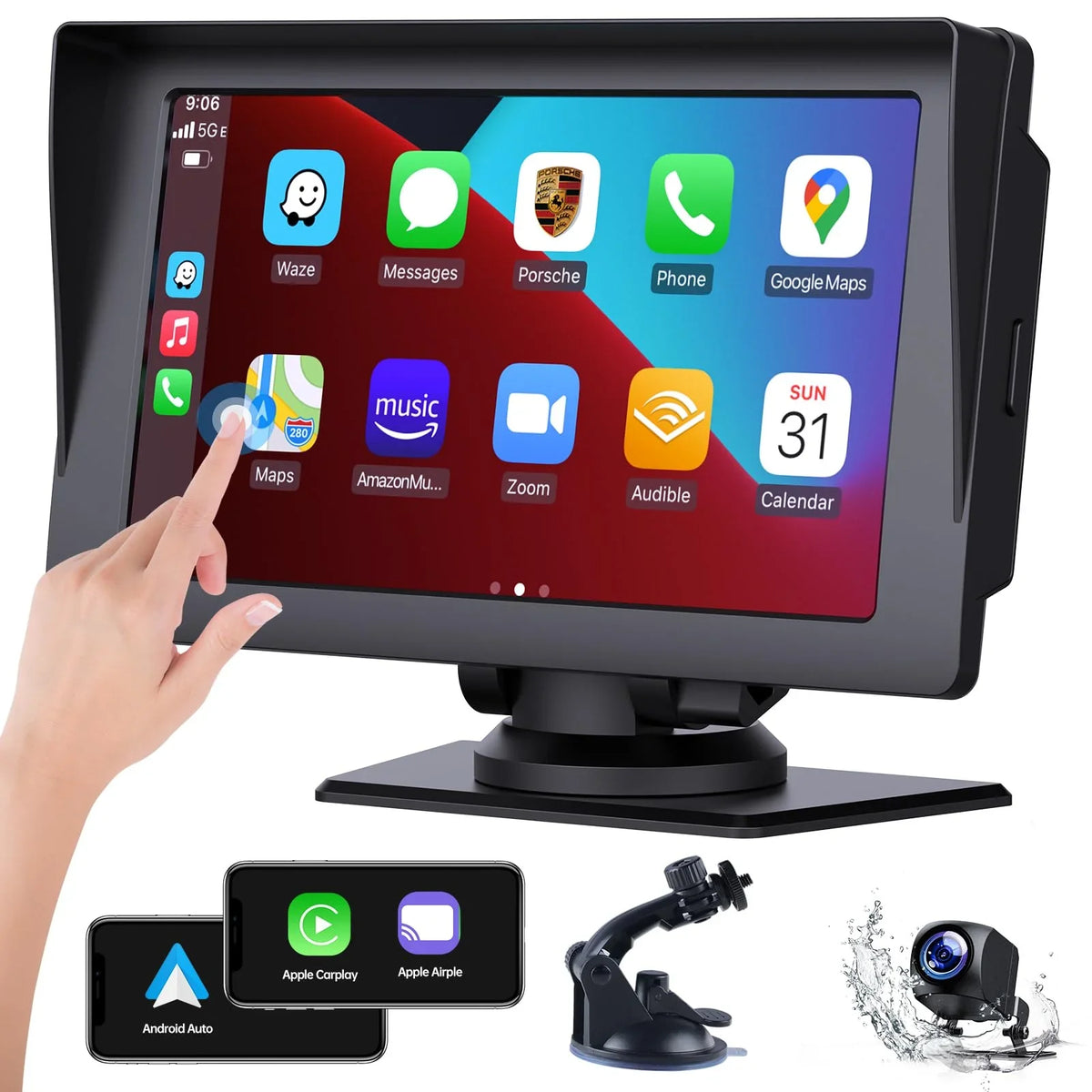 Wireless with Inch Portable Car LAMTTO Siri Camera,HD Car Apple Audio Touchscreen with Auto,Bluetooth,FM, Video,Car Navigation Carplay,1080P Portable Stereo Reverse GPS 7 Receivers Airplay,Android