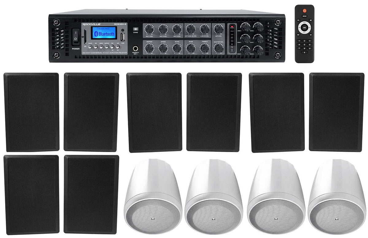 Pendant+8 4 Black White Restaurant/Bar/Cafe Amp+4 JBL Slim Speakers 6-Zone Wall