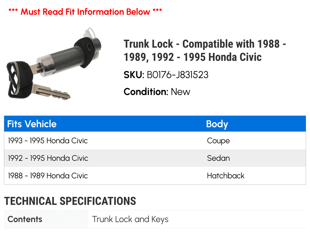 1988 - Trunk 1995 1989, Honda - 1992 1993 - Compatible Civic with Lock 1994