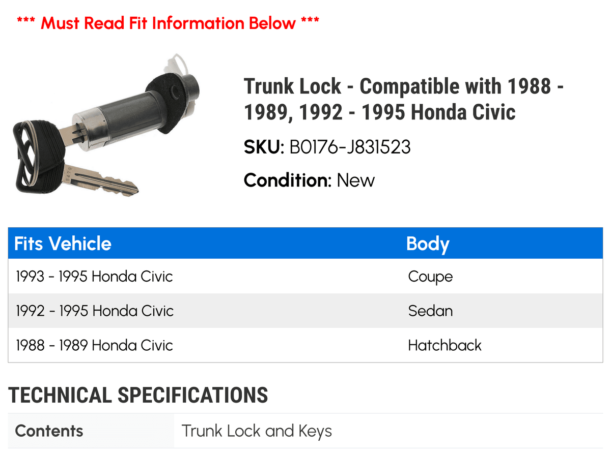 1988 - Trunk 1995 1989, Honda - 1992 1993 - Compatible Civic with Lock 1994
