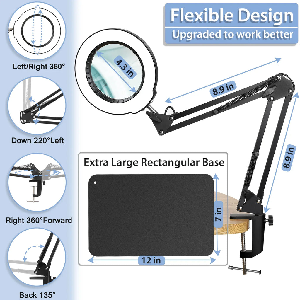Magnifying Light for Clamp, Lighted Work, Free Desk 2-in-1 Close Lamp Modes Magnifier Dimmable, Sewing Painting, LED with Craft, Hands Magnifying Color 10X with Stepless 5 Glass and Stand,