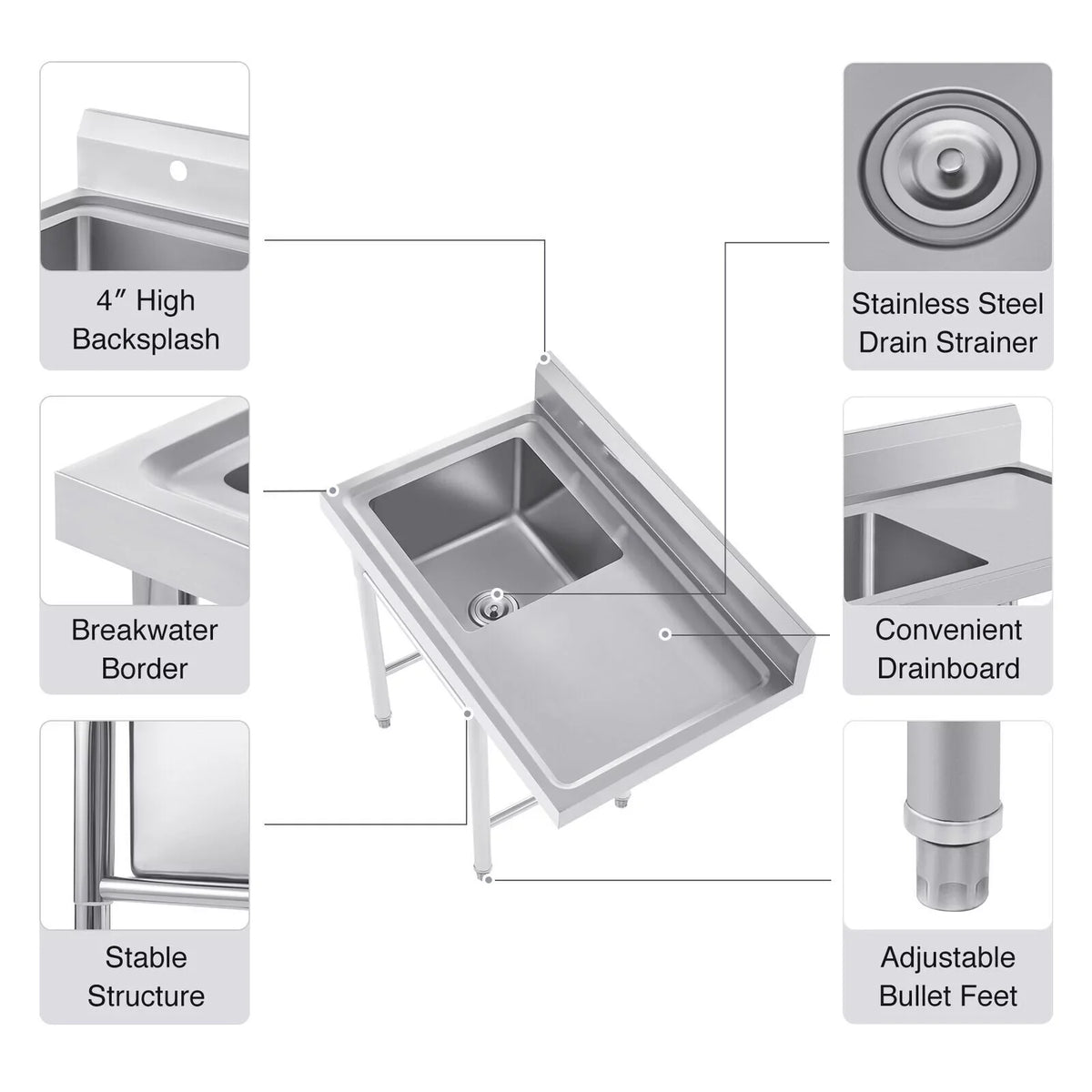 Utility Stainless Kitchen 36.7in Drainboard for 23.6* Use 39.3* Commercial Sink Home and Sink Steel