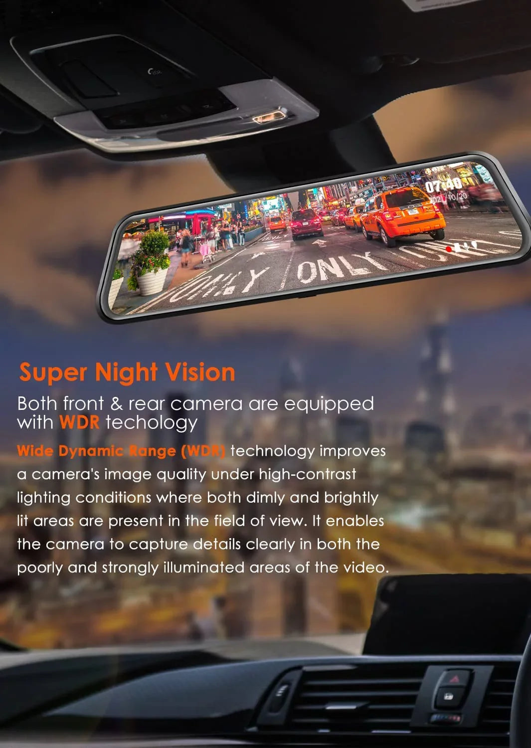 Monitor, Mirror Cam Vision, Rear Camera, Parking 2.5K Free WOLFBOX 32GB with Camera, Dash View GPS, Wi-Fi Built-in Card and Front Night 1080P 12'' Rear Mirror