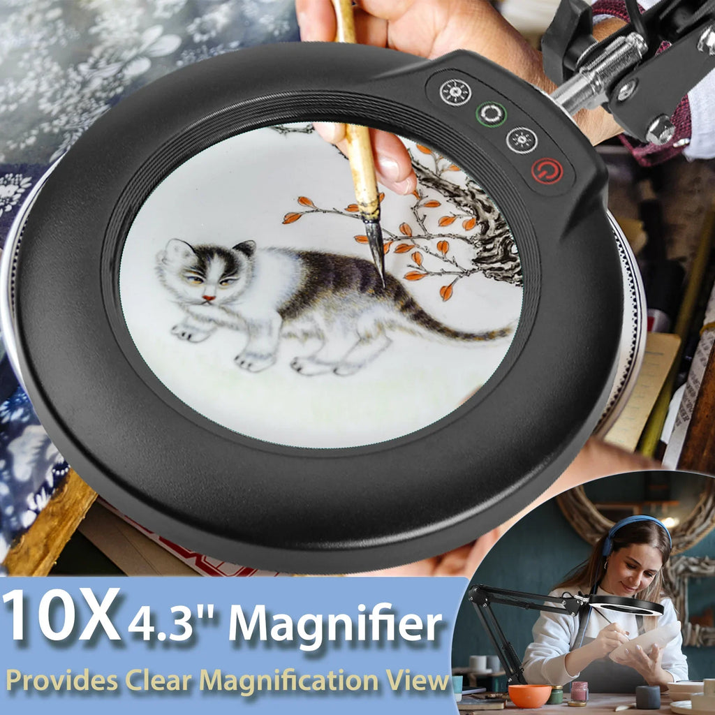 Magnifying Light for Clamp, Lighted Work, Free Desk 2-in-1 Close Lamp Modes Magnifier Dimmable, Sewing Painting, LED with Craft, Hands Magnifying Color 10X with Stepless 5 Glass and Stand,