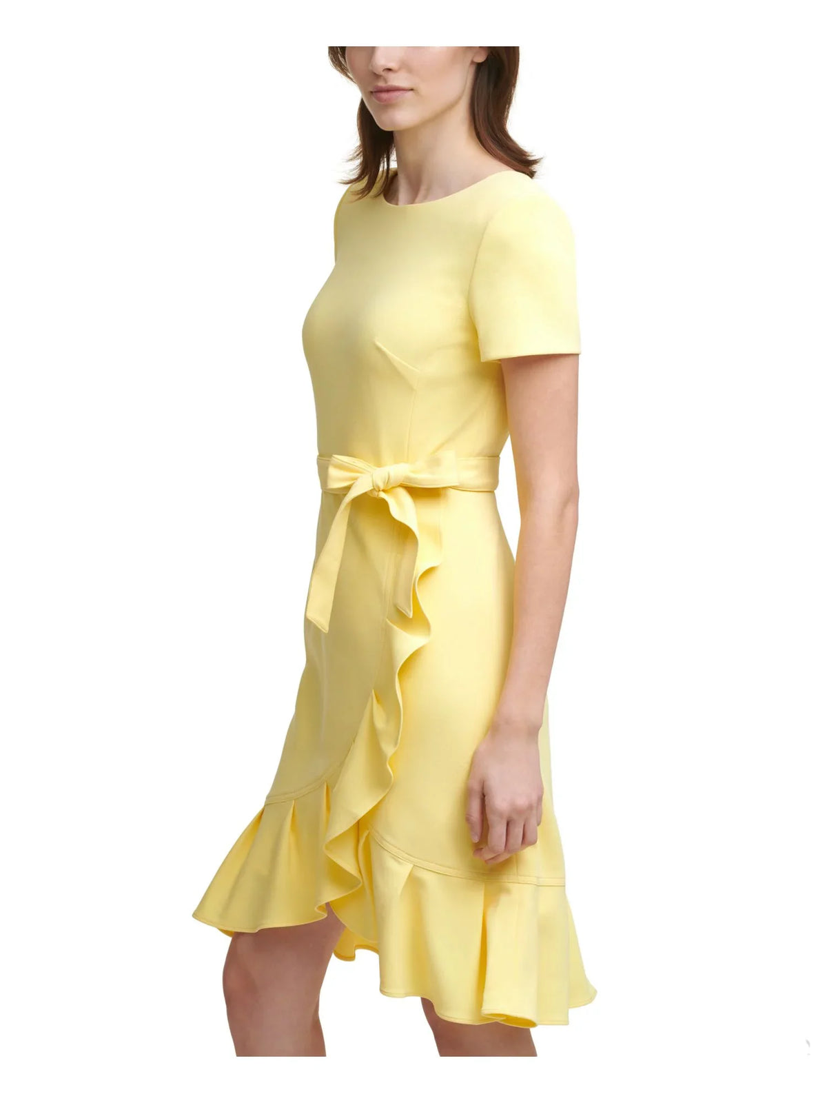 Party Sash Sleeve 0P Crepe Length Hem Neck Zippered Womens Stretch Scuba KLEIN Petites Sheath CALVIN Tulip Tie Short Dress Ruffled Round Knee Yellow