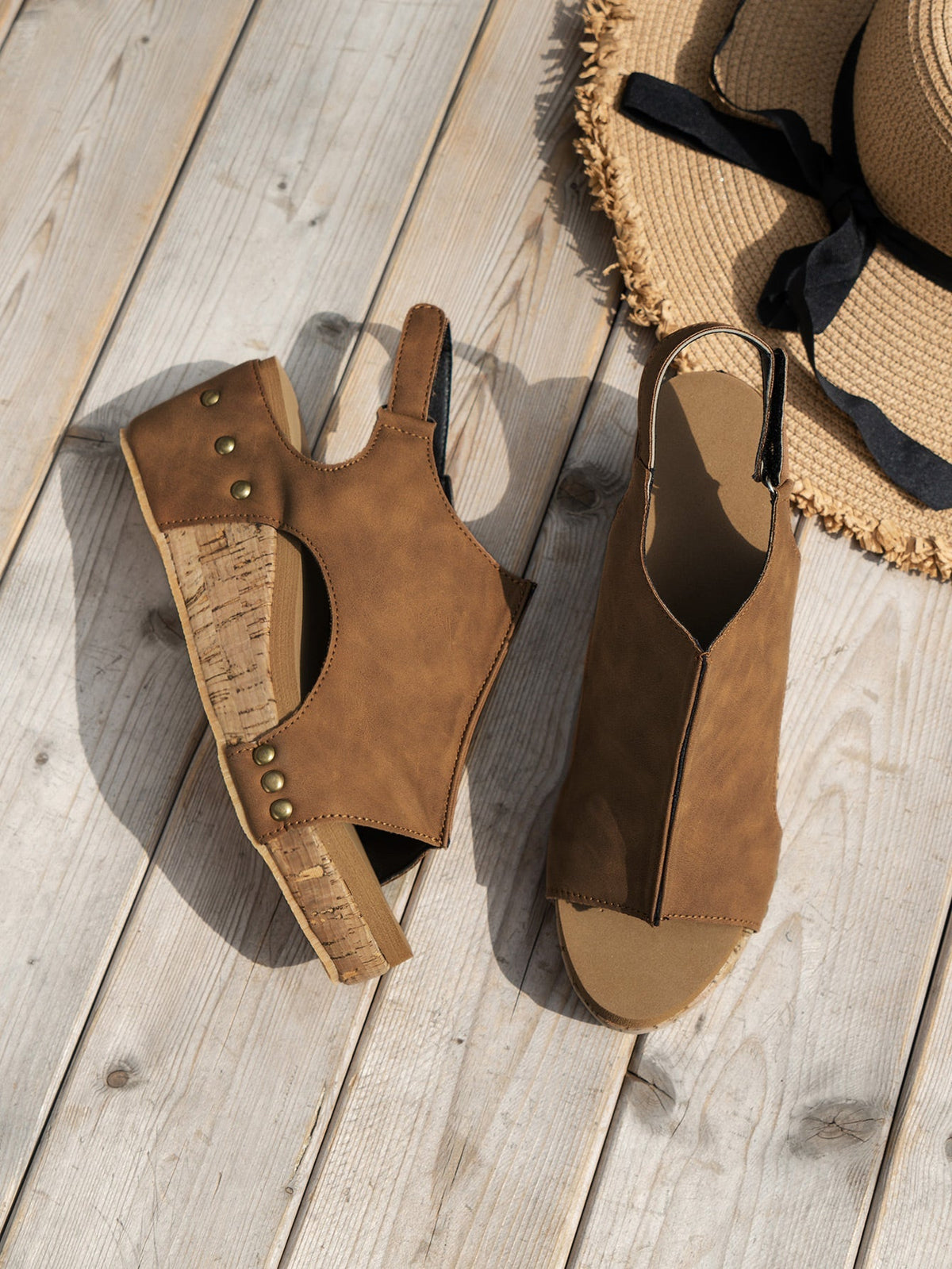 Vintage Leather Sandals Stitching Wedge Gray Studded
