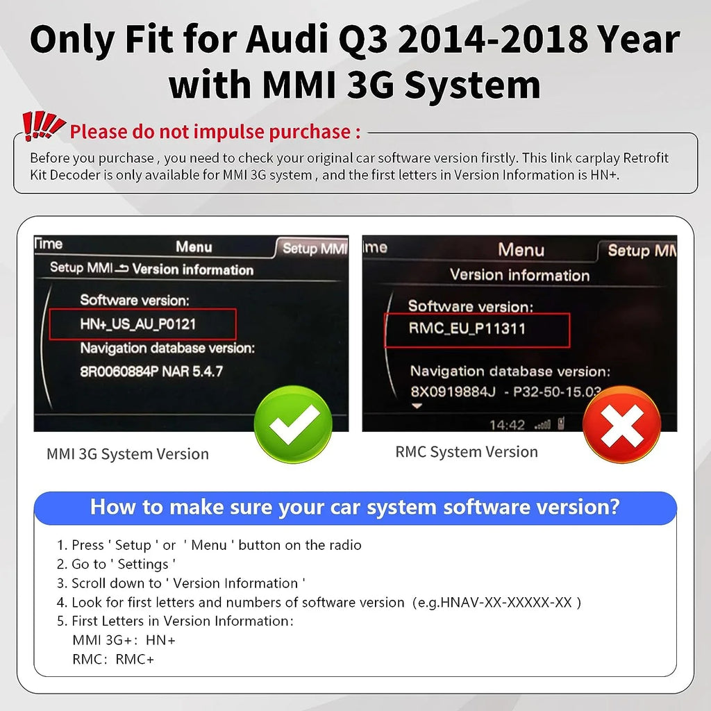 with Q3 Road MMI Car Camera Version), Carplay Wireless Top 3G, Audi Support Auto Mirrorlink, Year Android Retrofit Decoder, Module Carplay Kit 2014-2018 (HN+ Software for