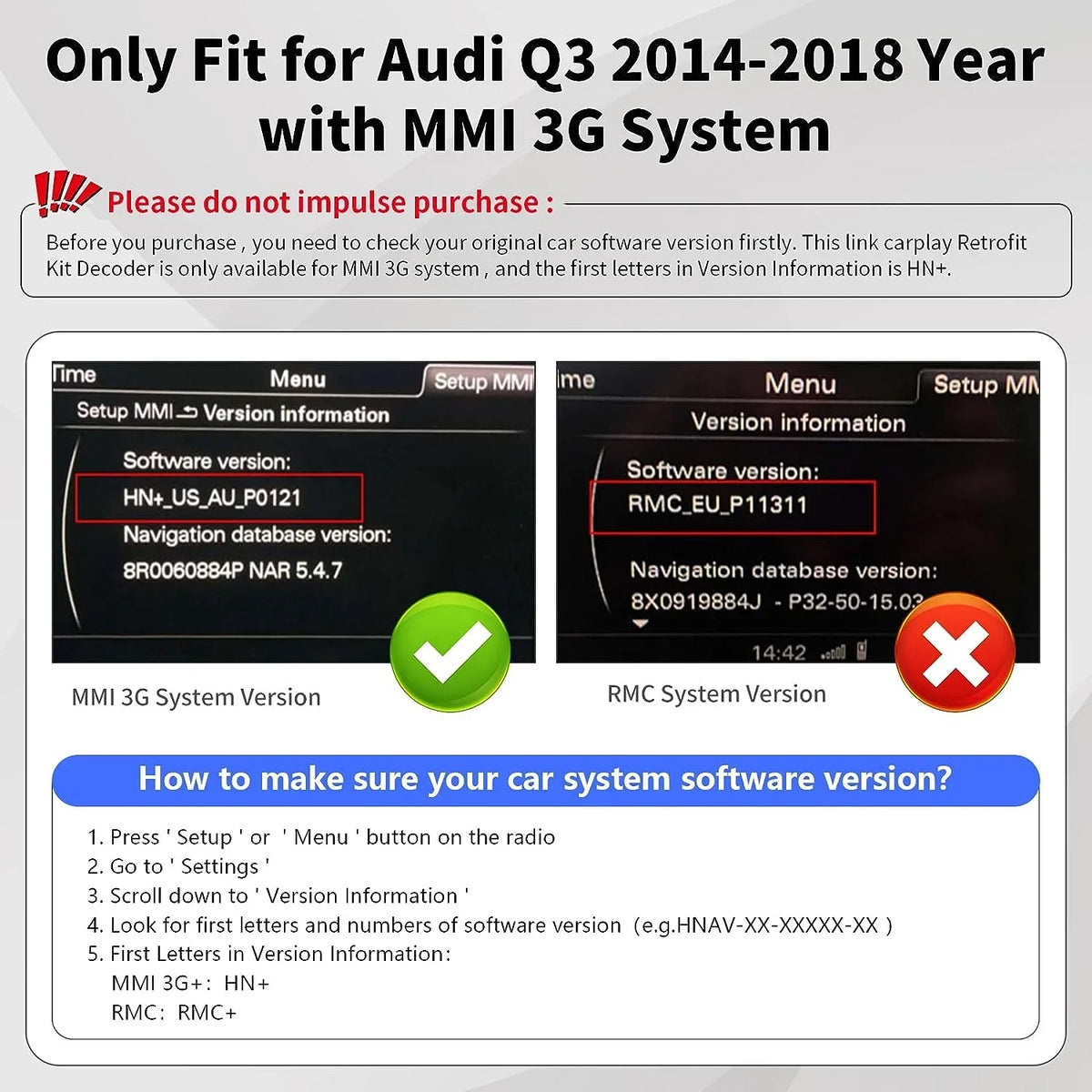 with Q3 Road MMI Car Camera Version), Carplay Wireless Top 3G, Audi Support Auto Mirrorlink, Year Android Retrofit Decoder, Module Carplay Kit 2014-2018 (HN+ Software for