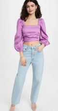 Women's 00 Square Cotton Veronica Puff Blend Neck Top, Sleeve Beard Orchid
